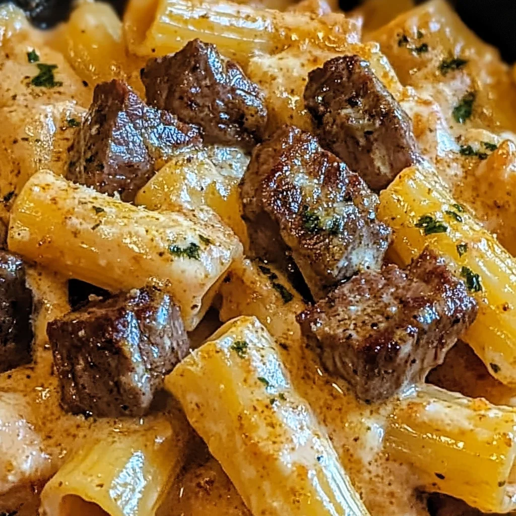 Cajun Steak Tips in Cheesy Rigatoni Parmesan Sauce
