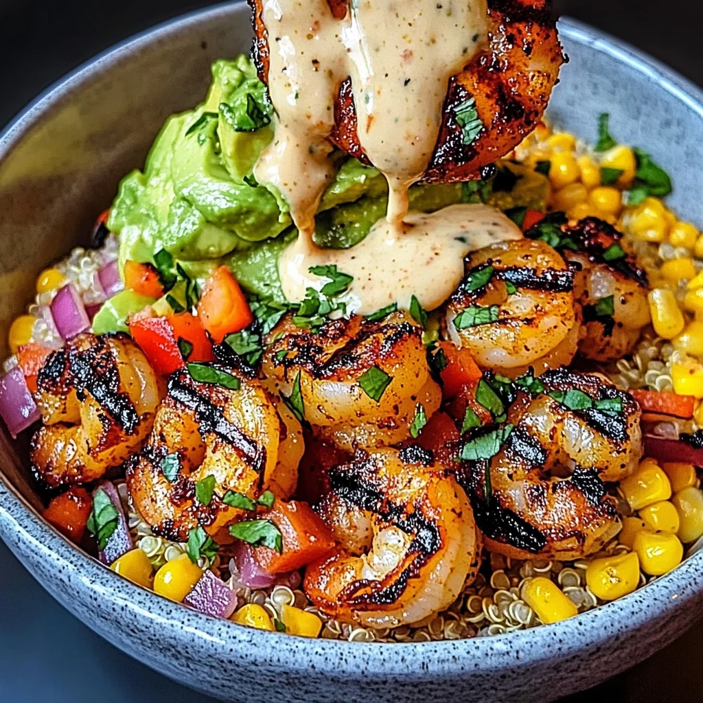 Grilled Shrimp Bowl with Avocado, Corn Salsa & Creamy Sauce