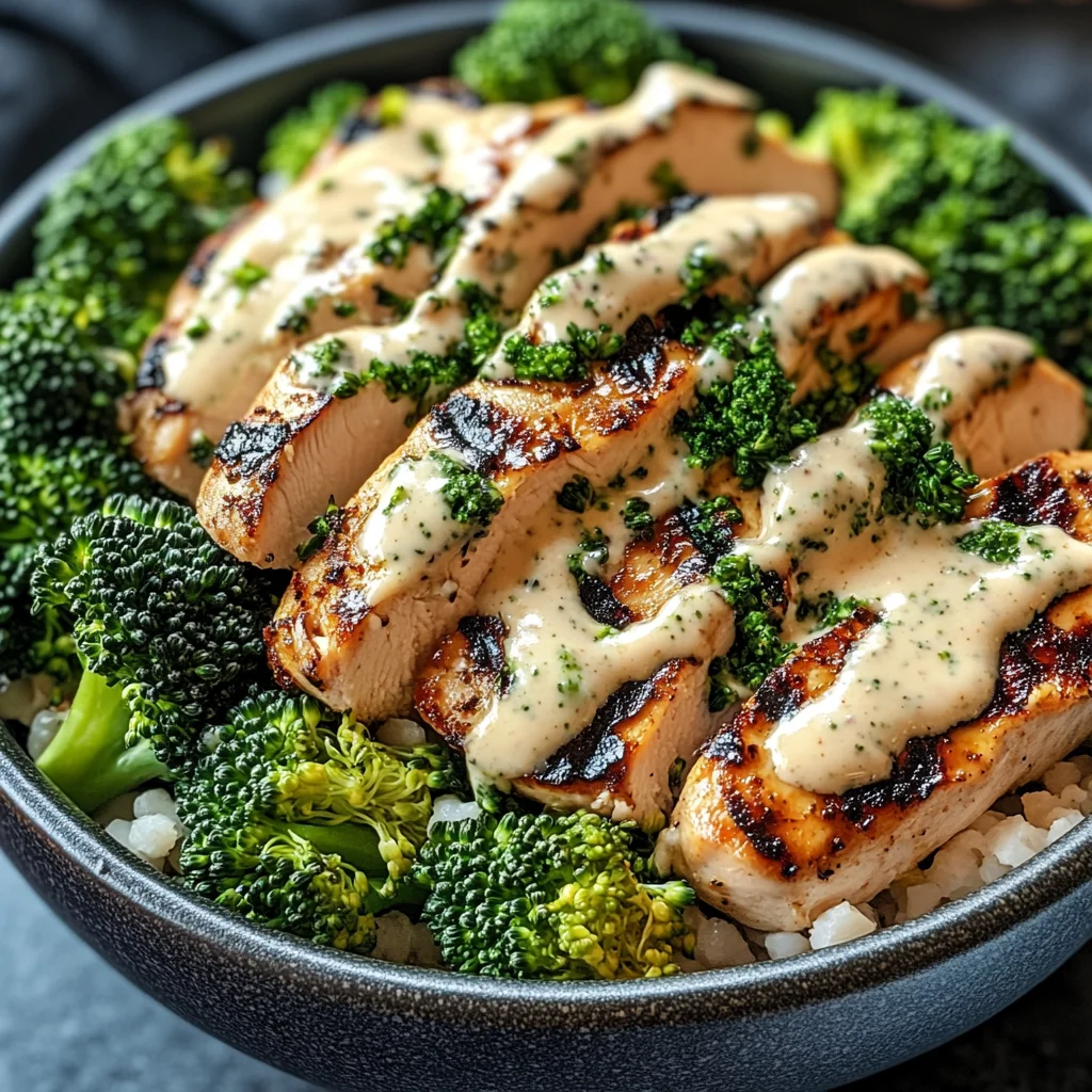 Grilled Chicken & Broccoli Bowls with Creamy Garlic Sauce