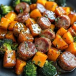 Sheet Pan Sausage and Sweet Potatoes with Honey Garlic Sauce