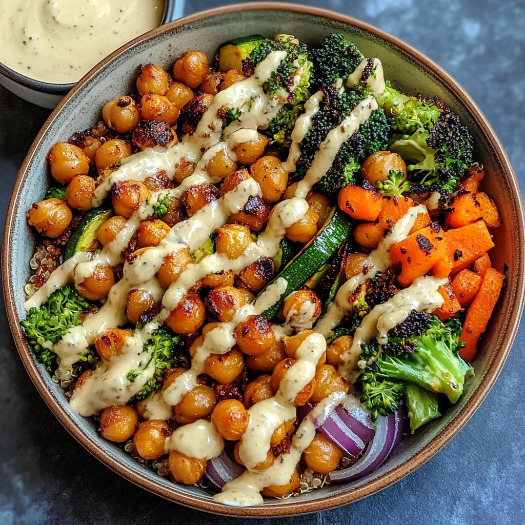 Roasted Veggie Chickpea Bowls with Maple Dijon Tahini Dressing